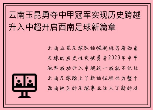 云南玉昆勇夺中甲冠军实现历史跨越升入中超开启西南足球新篇章 云南玉昆勇夺中甲冠军实现历史跨越升入中超开启西南足球新篇章