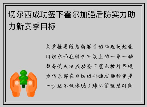 切尔西成功签下霍尔加强后防实力助力新赛季目标 切尔西成功签下霍尔加强后防实力助力新赛季目标